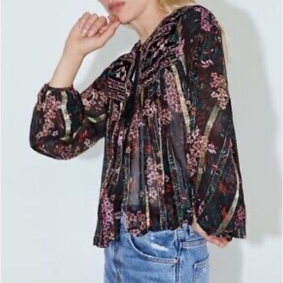 ZARA VELVET EMBROIDERED TIE UP BLOUSE - Picture 8 of 9